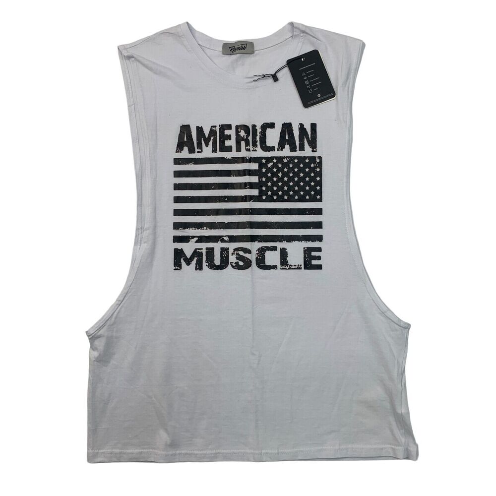 Reverb American Muscle Tank Top Mens Large White Sleeveless USA Flag Patriotic